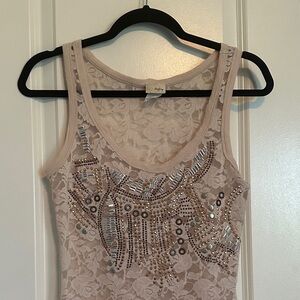Daytrip Beige Lace Tank Top with Embellishments